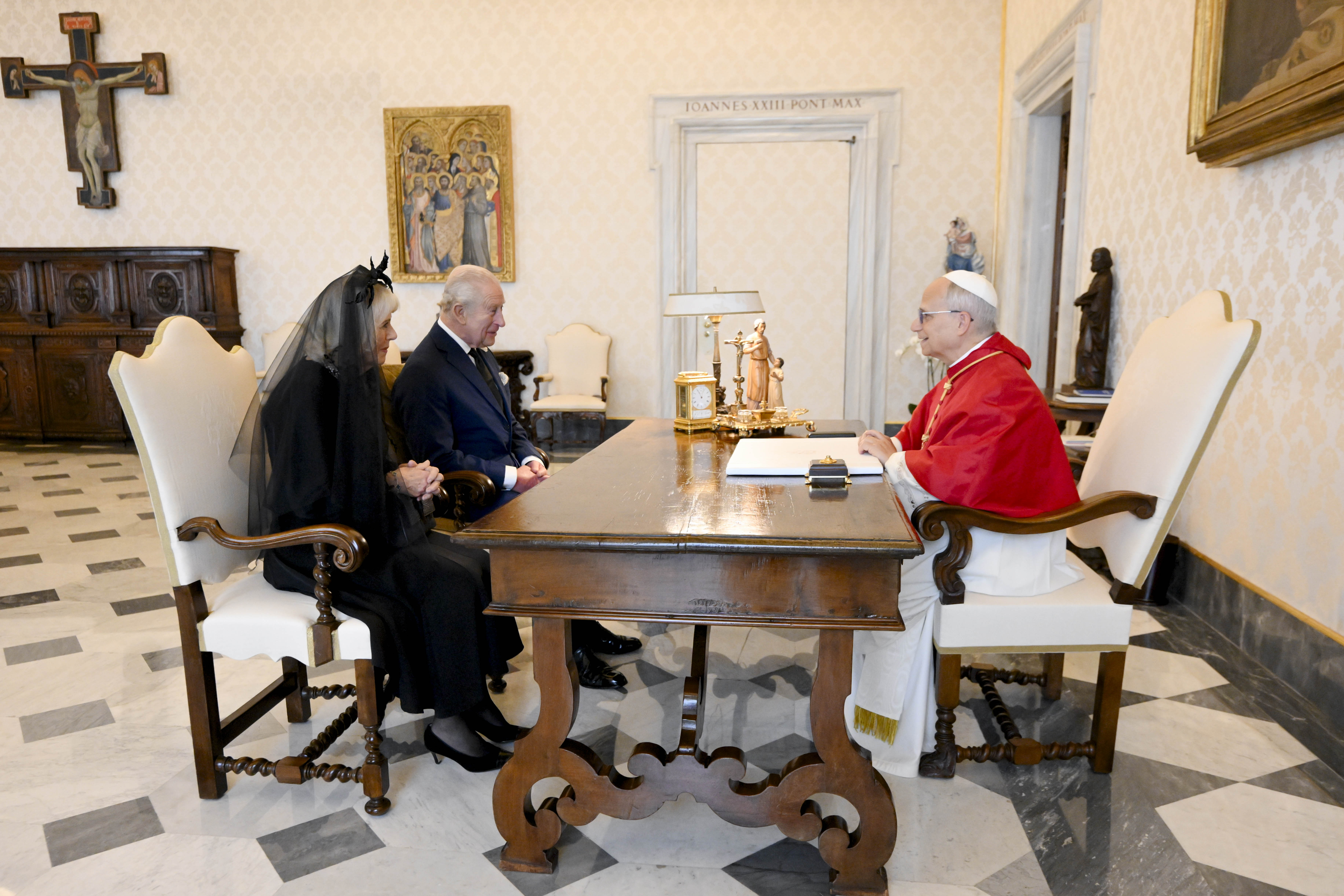 Pope Leo XVI meets with King Charles III and Queen Camilla during an audience at the Apostolic Palace | Source: Getty Images