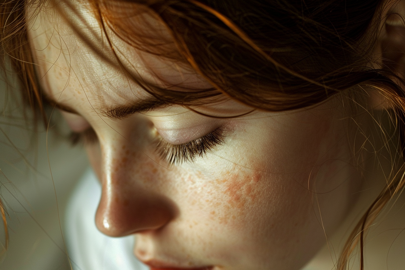 A close-up shot of a woman looking down, thinking | Source: Midjourney