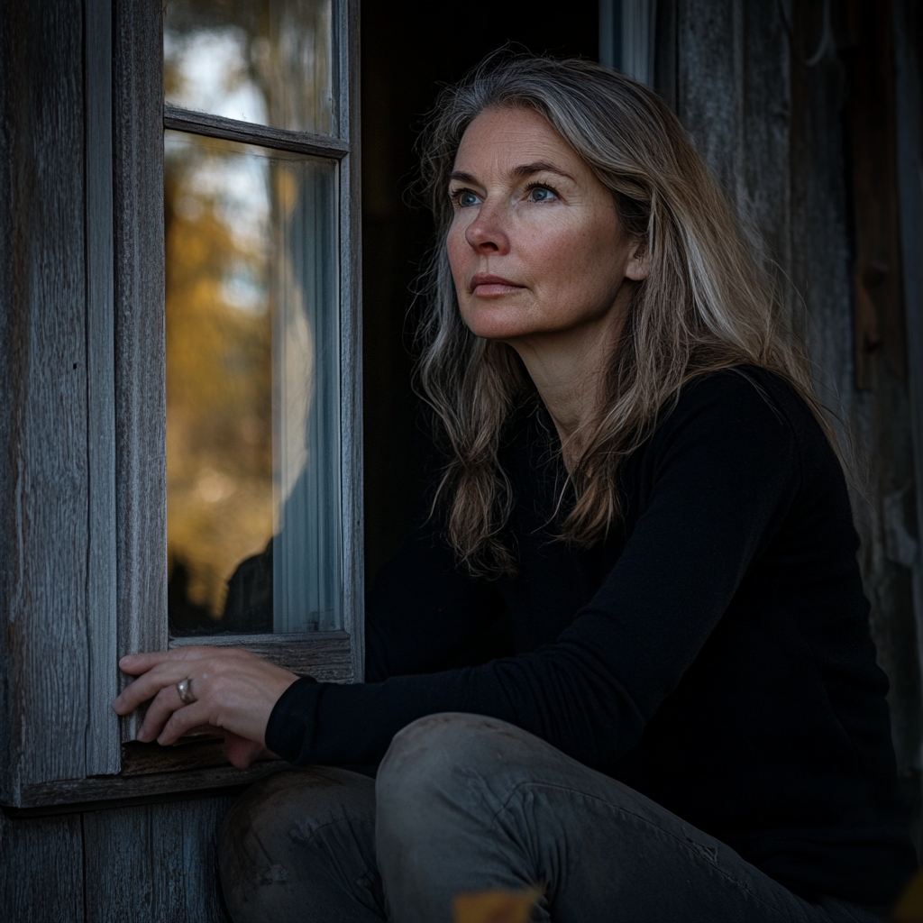 A woman crouching near a window | Source: Midjourney