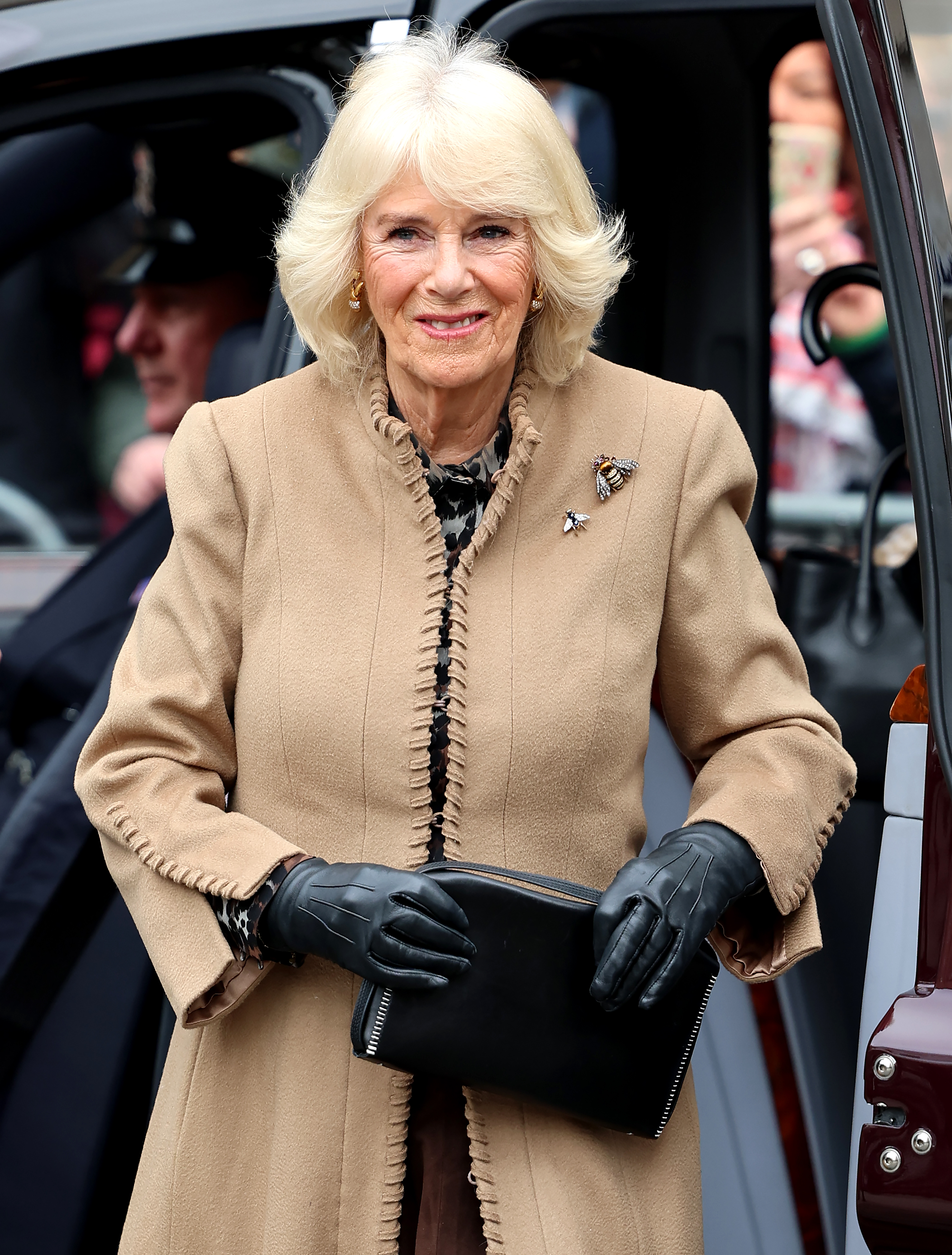 Queen Camilla during her visit to the Farmers' Market on March 27, 2024 in Shrewsbury, England | Source: Getty Images