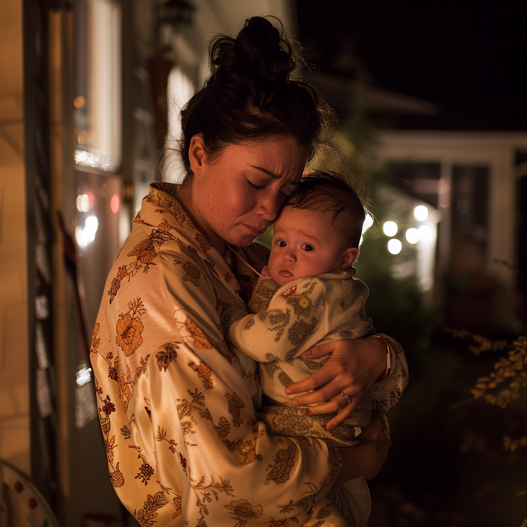 A scared and upset woman standing outside a house with her little son late at night | Source: Midjourney