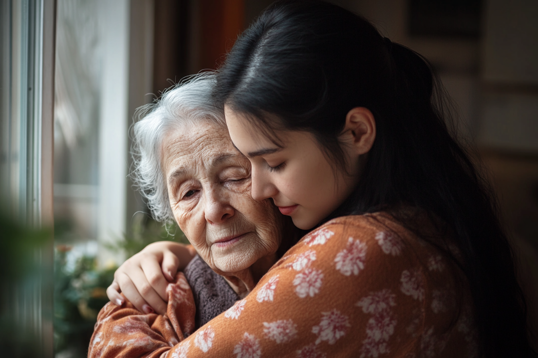 A woman hugging her grandmother | Source: Midjourney