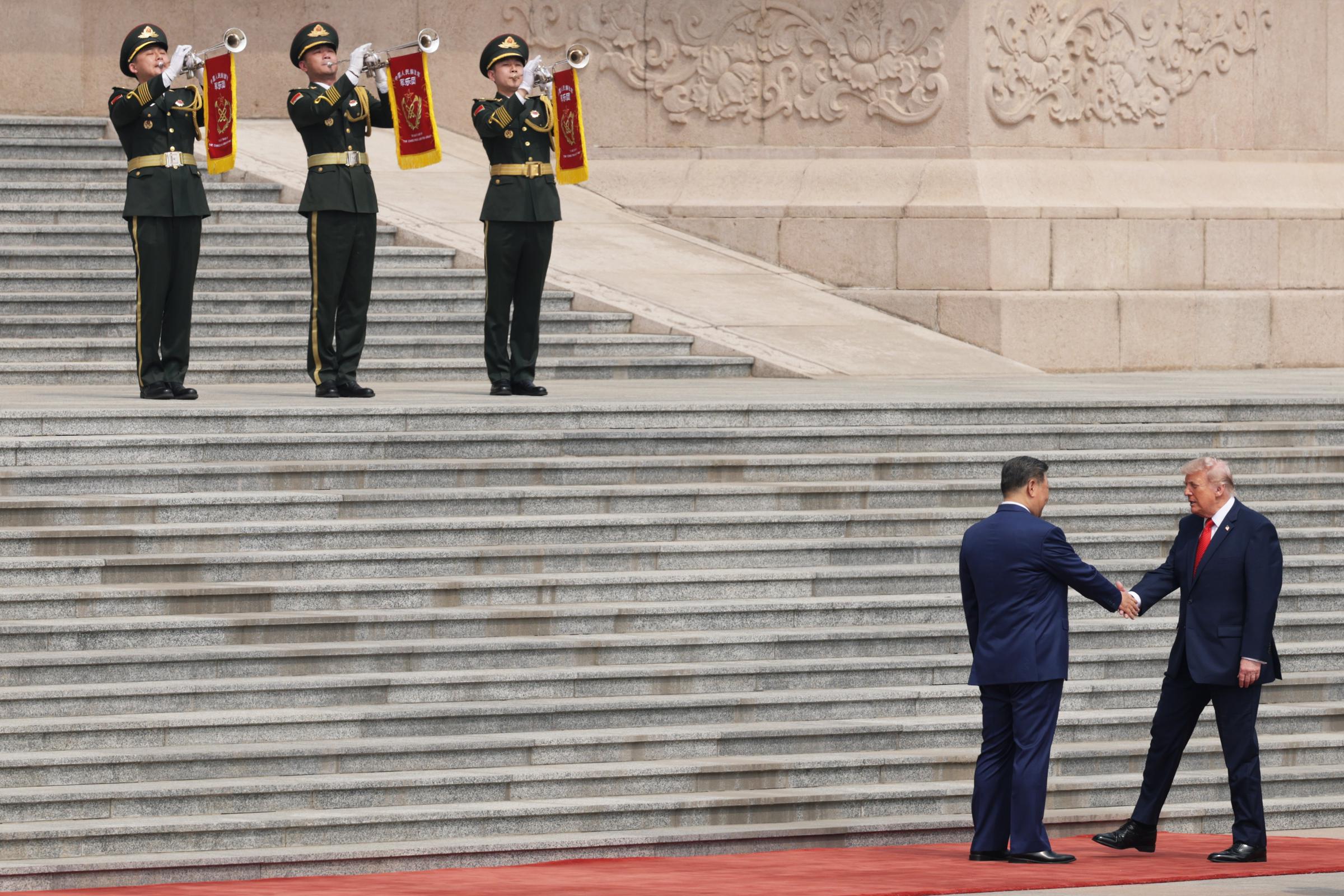 President Donald Trump and President Xi Jinping during a welcome ceremony in Beijing, China  on May 14, 2026. | Source: Getty Images