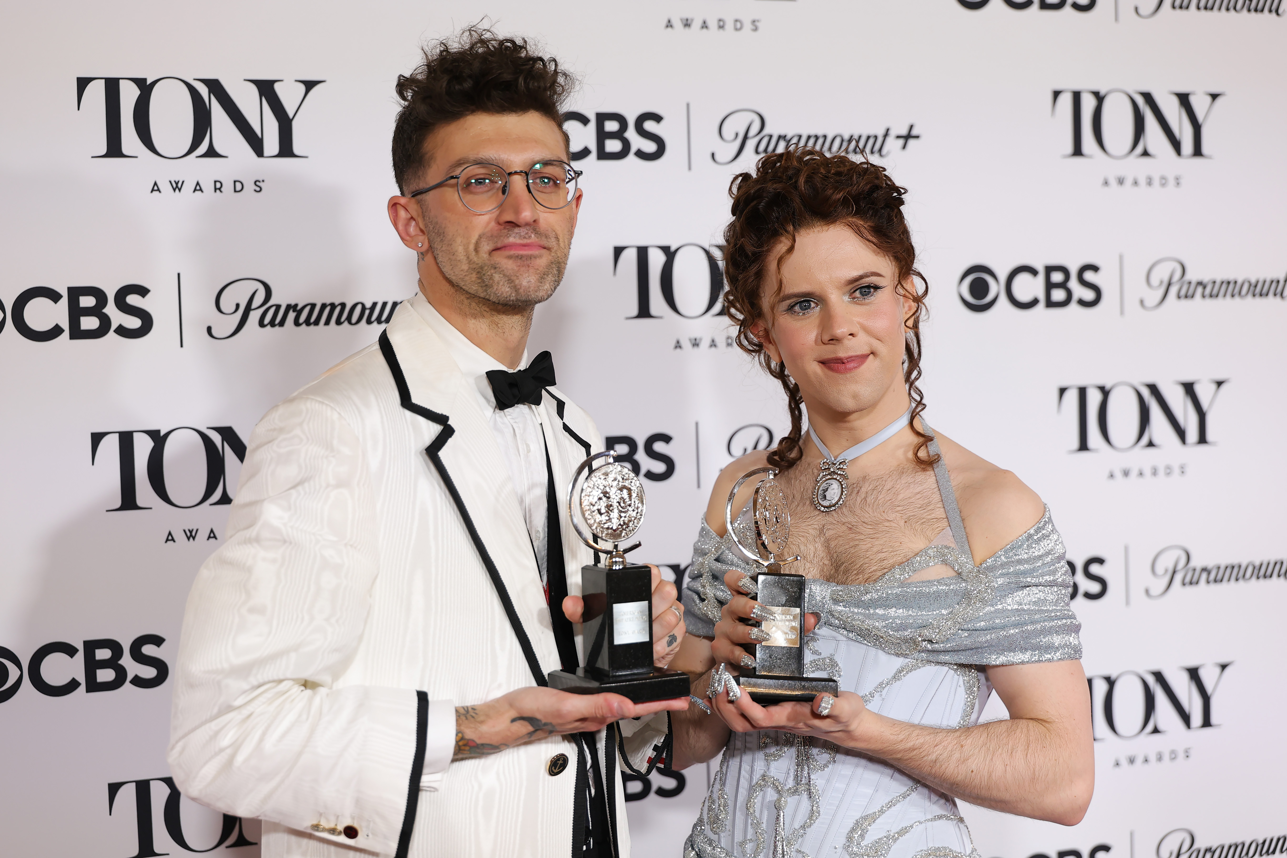 Cole Escola and Sam Pinkleton posing with their Tony awards for Best Direction of a Play and Best Performance by an Actor in a Leading Role in a Play for "Oh, Mary!" at Radio City Music Hall in New York City on June 8, 2025.