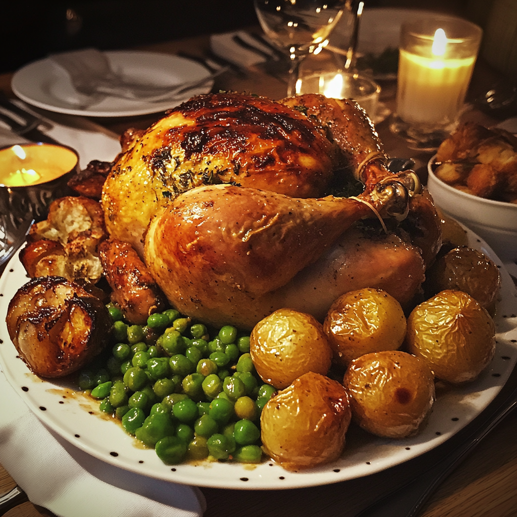 A roast chicken on a table | Source: Midjourney