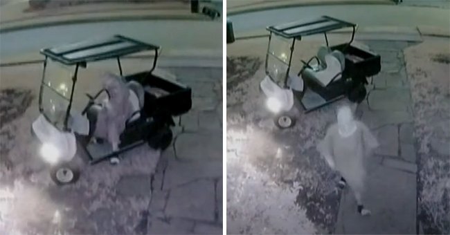 The alleged porch pirate is caught on camera as she approaches the house to steal the packages before rushing back to her golf cart | Photo: Youtube/KPRC 2 Click2Houston