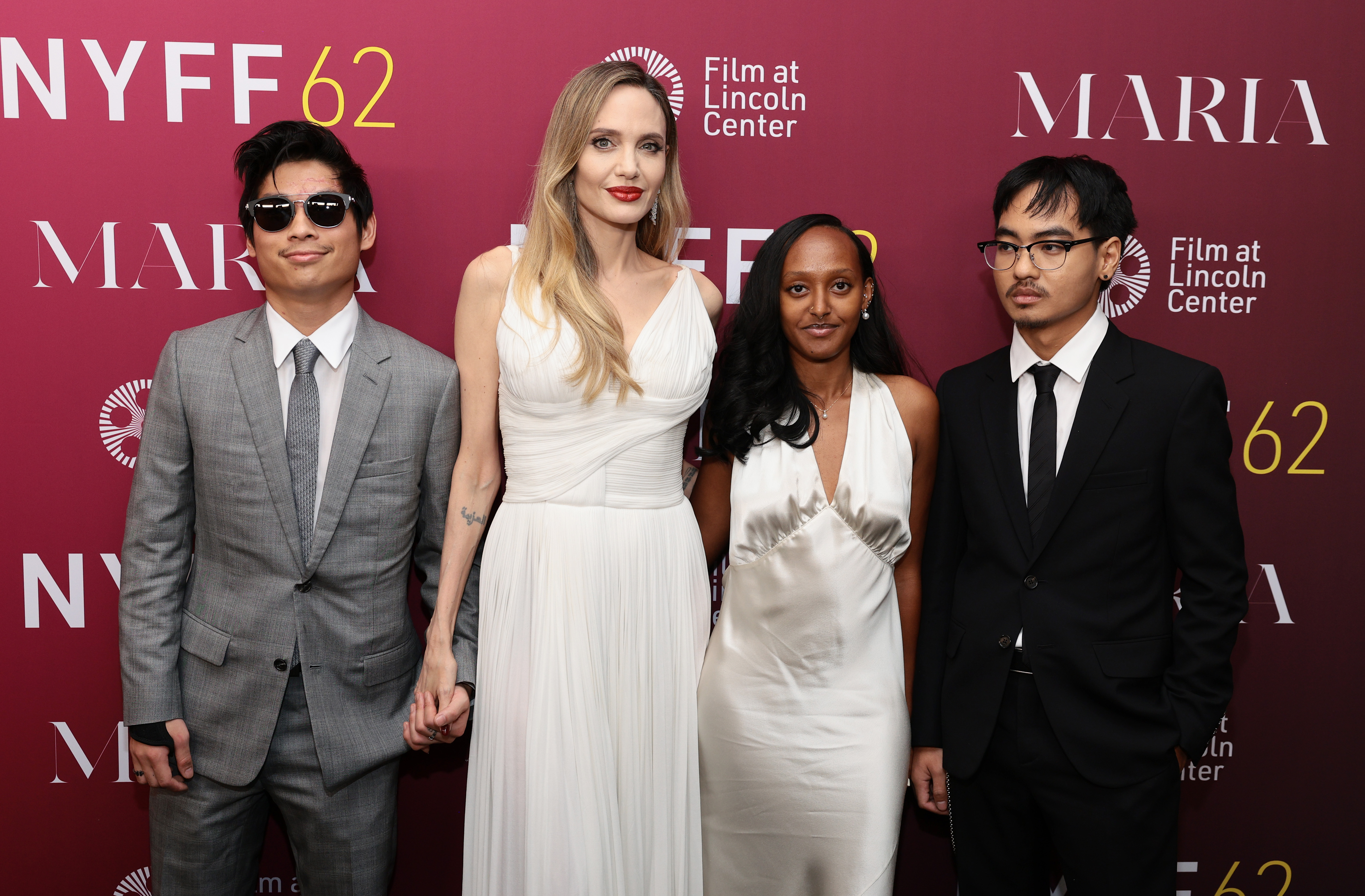 Pax Thien Jolie-Pitt, Angelina Jolie, Zahara Marley Jolie and Maddox Chivan Jolie-Pitt attend the "Maria" screening during the 62nd New York Film Festival at Alice Tully Hall, Lincoln Center on September 29, 2024 in New York City. | Source: Getty Images