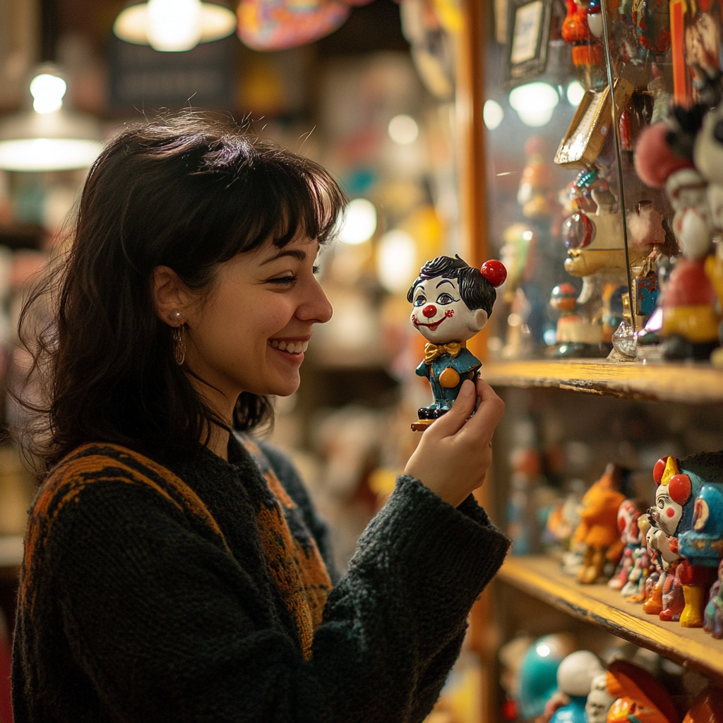 Woman smiles as she sees a clown figurine in a store. | Source: Midjourney