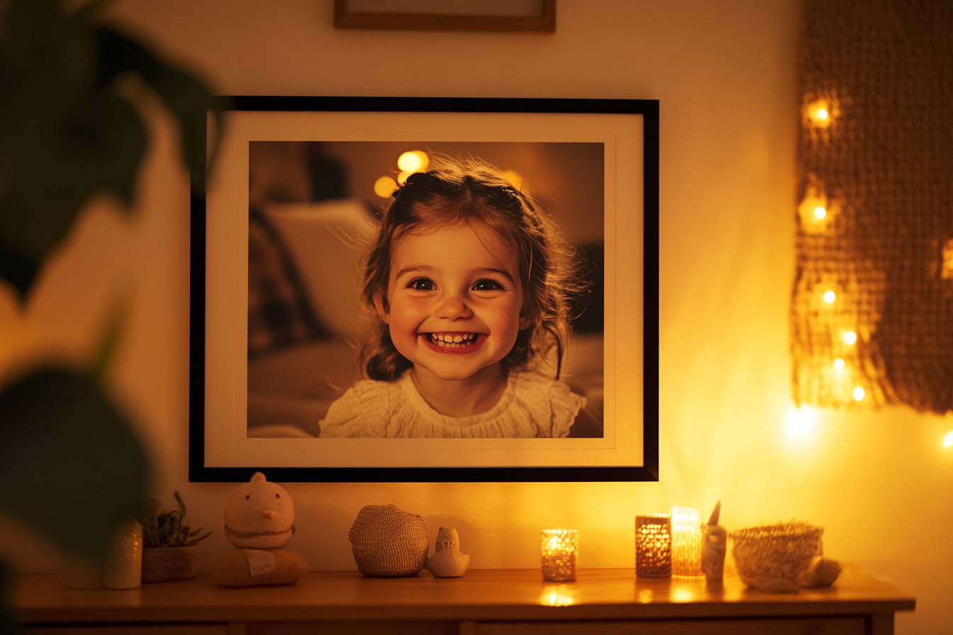 Wall adorned with framed photo of a cheerful little girl | Source: Midjourney