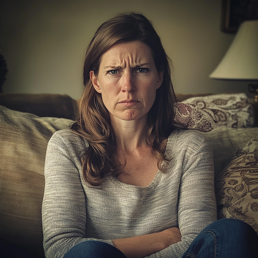 An upset woman sitting on a couch | Source: Midjourney