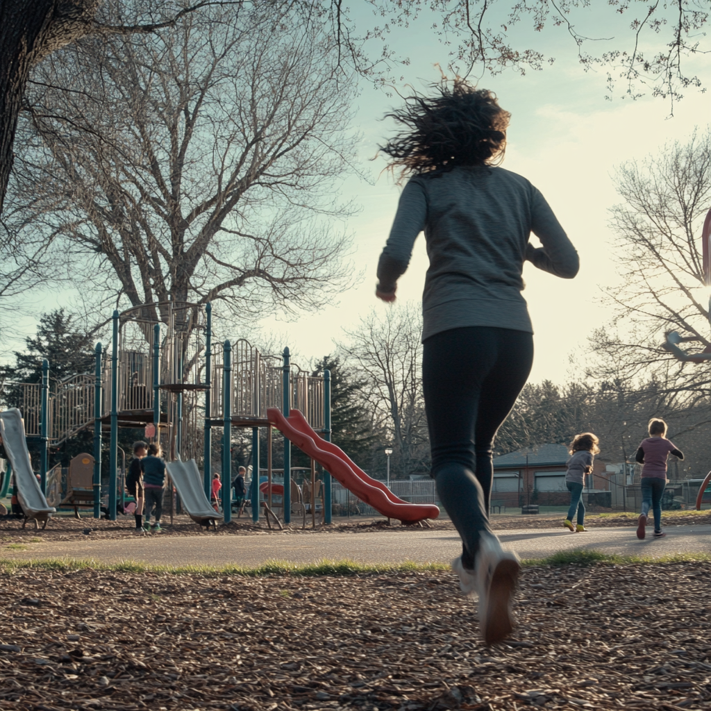 A woman running near a schools playground | Source: Midjourney