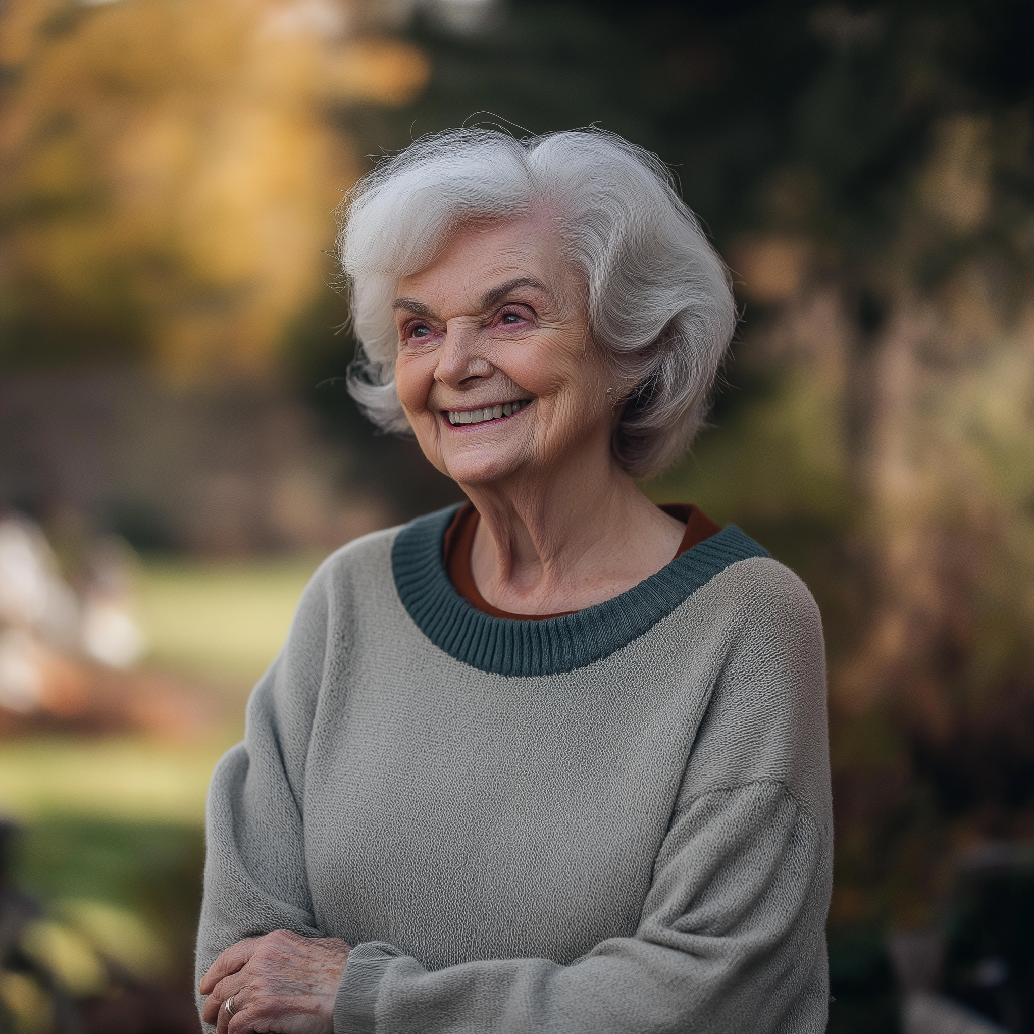 An elderly woman smiles while standing in her garden | Source: Midjourney