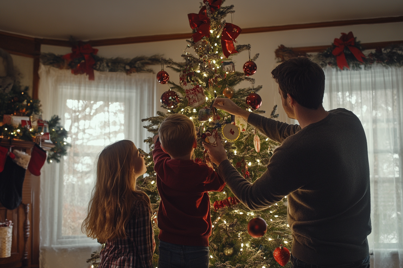 A man and two kids decorating a Christmas tree | Source: Midjourney