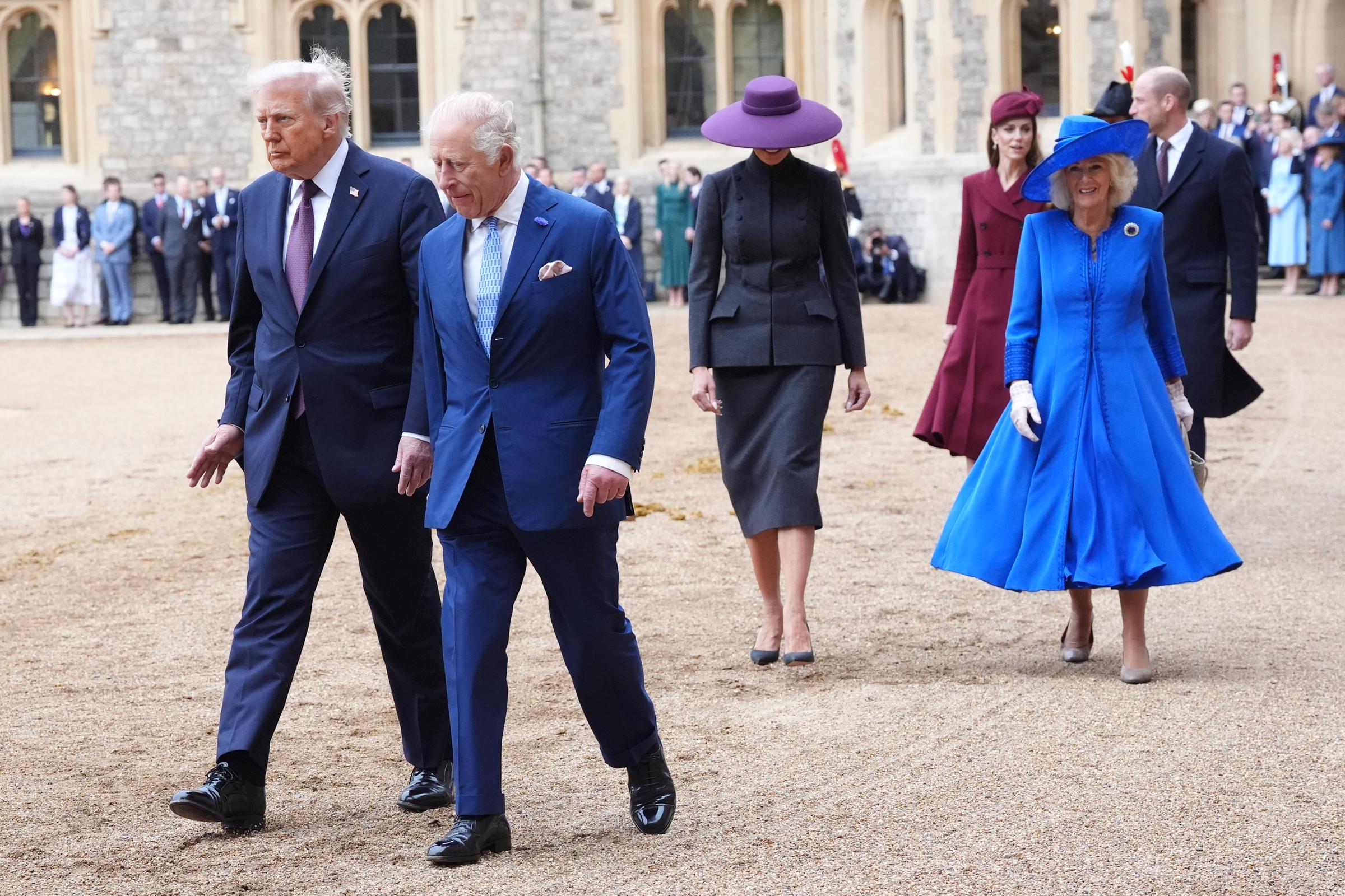 US President Donald Trump and King Charles III are followed by First Lady Melania and Queen Camilla during the ceremonial welcome at Windsor Castle in England on September 17, 2025 | Source: Getty Images
