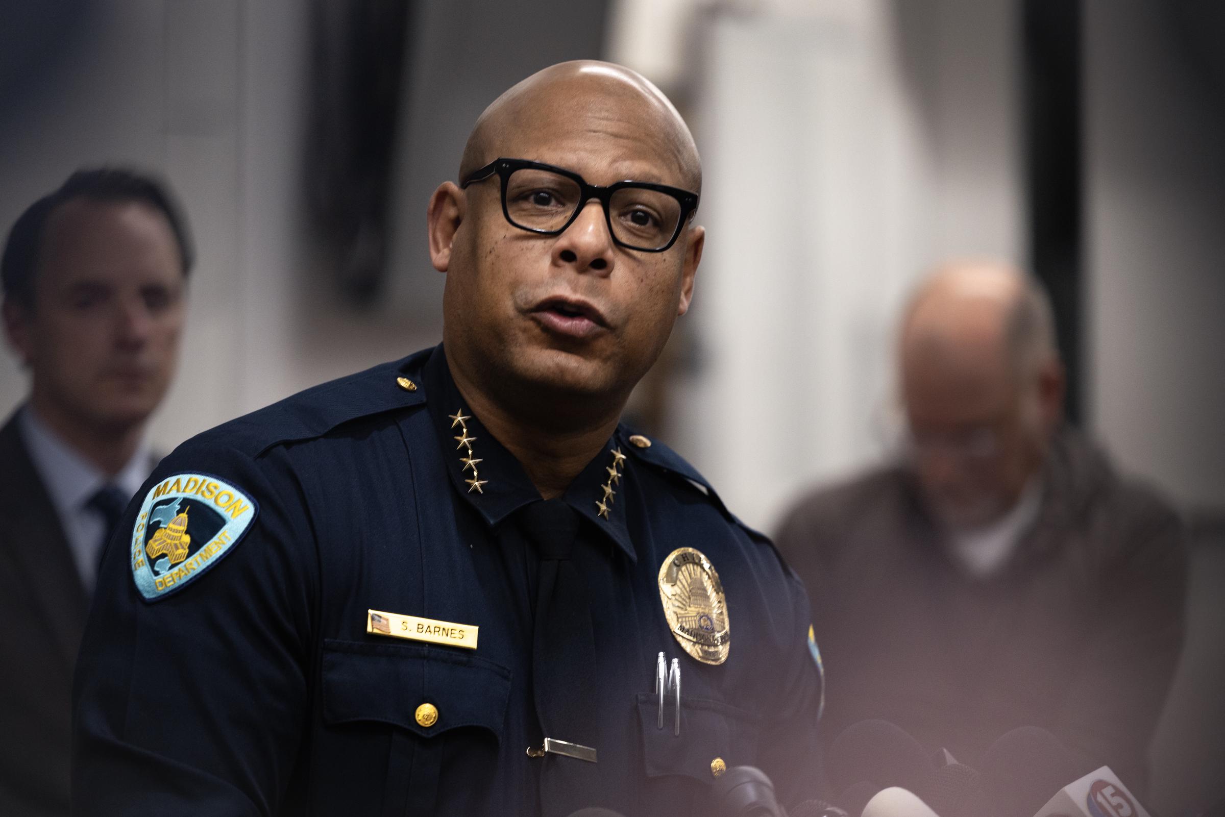 Madison Police Chief Shon Barnes talks to the media about the shooting at Abundant Life Christian School in Madison, Wisconsin, on December 16, 2024 | Source: Getty Images