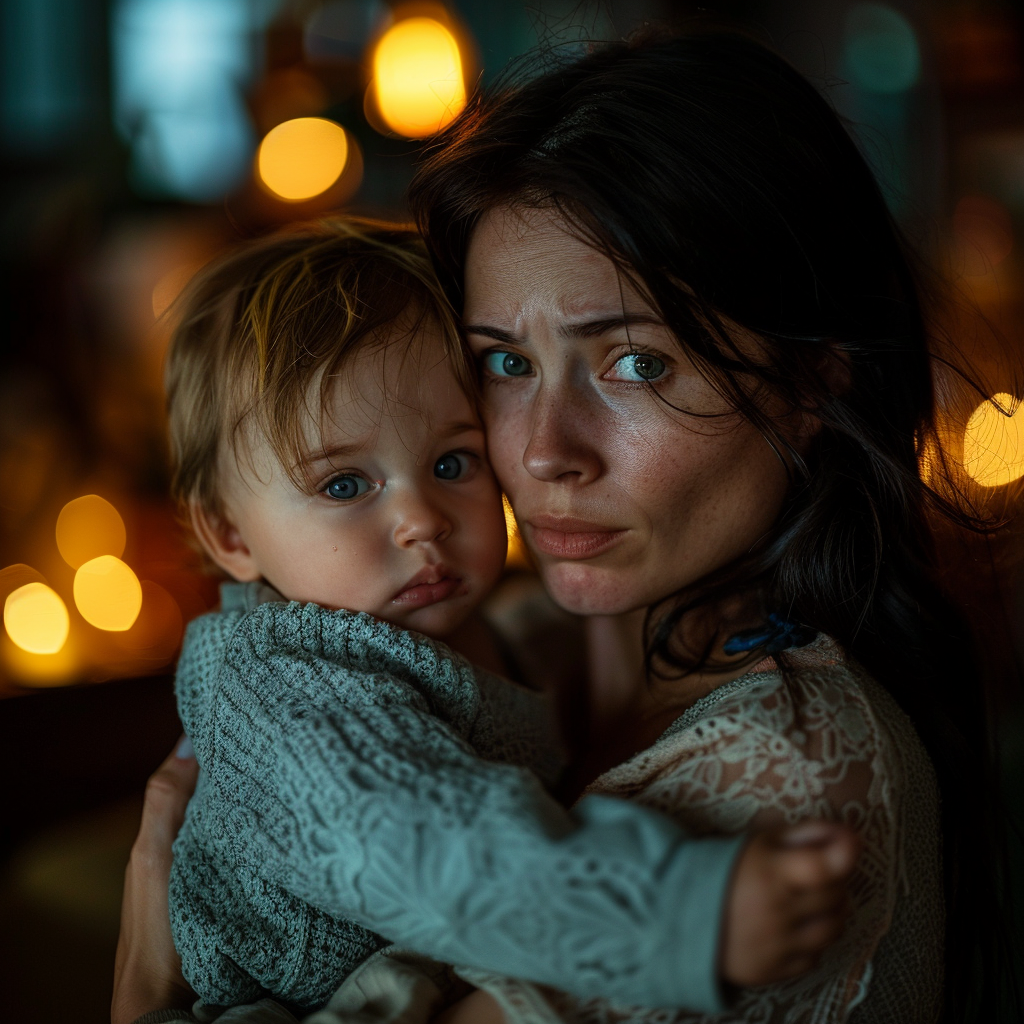 A distressed woman holding onto her little son | Source: Midjourney