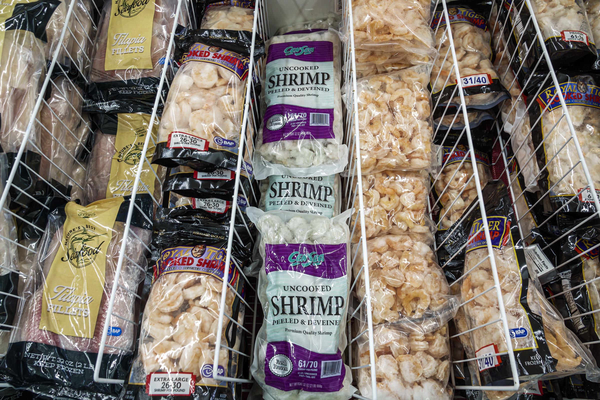 Frozen shrimp and other fish products at a store in Miami, Florida in 2022. | Source: Getty Images