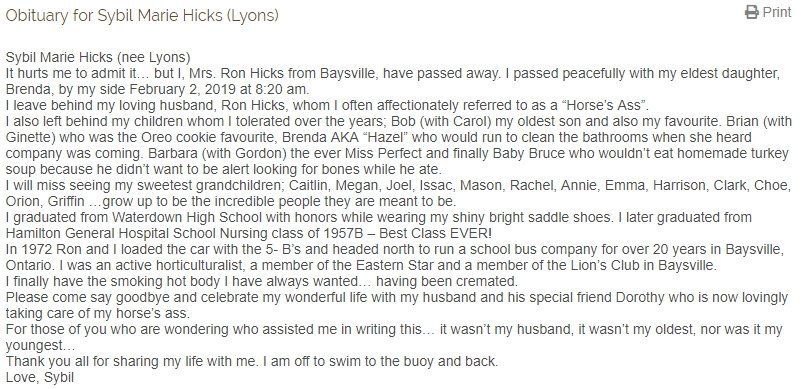 Sybil Marie Hicks' self-written obituary | Source: Reynold's Funeral Home