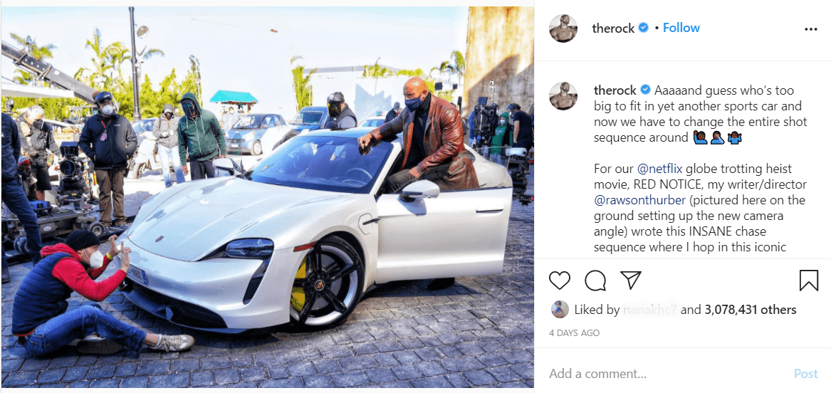 Dwayne "The Rock" Johnson's Instagram post about not fitting in a car | Source: Instagram.com/therock
