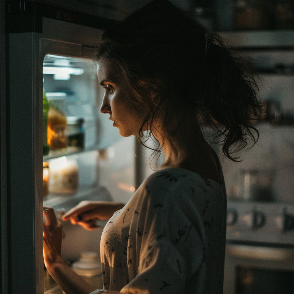 A woman looking into a fridge | Source: Midjourney