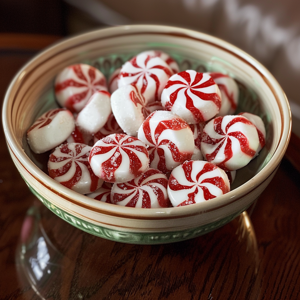 A bowl of peppermint candy | Source: Midjourney
