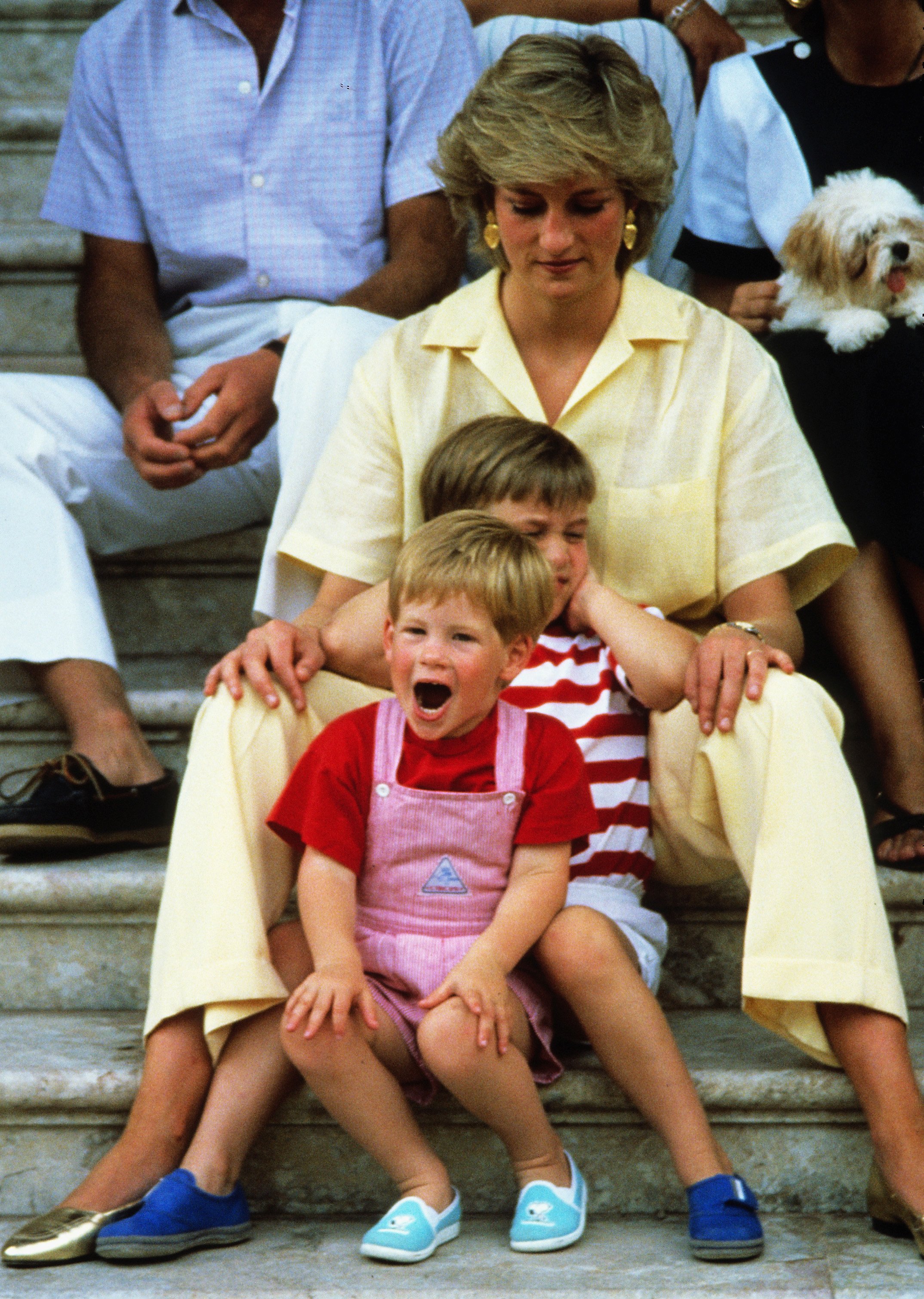 Diana, Princess of Wales, wearing a yellow jumpsuit, Prince William and Prince Harry sit on the steps of Marivent Palace with members of the Spanish Royal family on August 10, 1987 in Palma, Majorca | Source: Getty Images