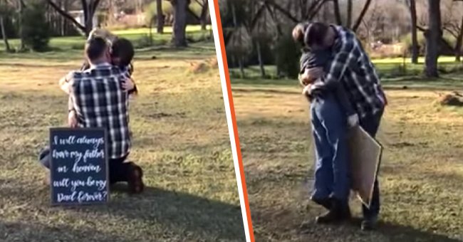 [Left] Connor holds the sign, "I will always have my father in heaven. Will you be my dad forever?" ; [Right]  Connor shares an emotional hug with his stepdad, Jonathan. | Source: youtube.com/Love What Matters