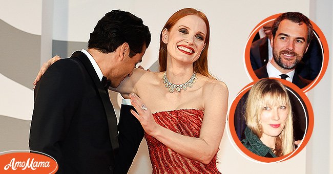[Left] Photo of Jessica Chastain and Oscar Isaac on the red carpet.  [Right]  Jessica Chastain's husband Gian Luca Passi and Oscar Isaac's wife Elvira Lind. | Source: Getty Images