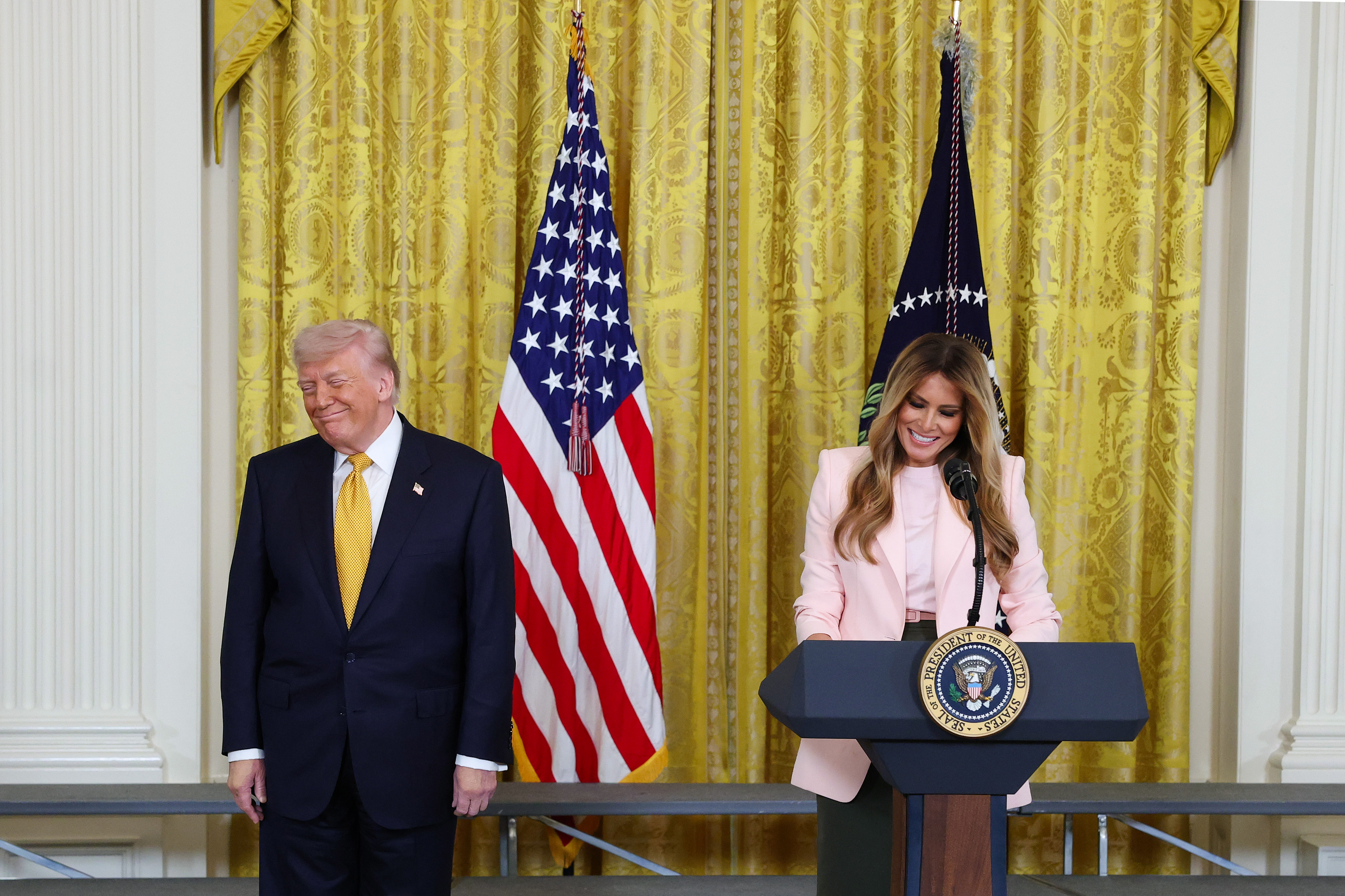 Donald and Melania Trump participate in a Military Mother's Day Event in the East Room of the White House in Washington, DC, on May 6, 2026 | Source: Getty Images