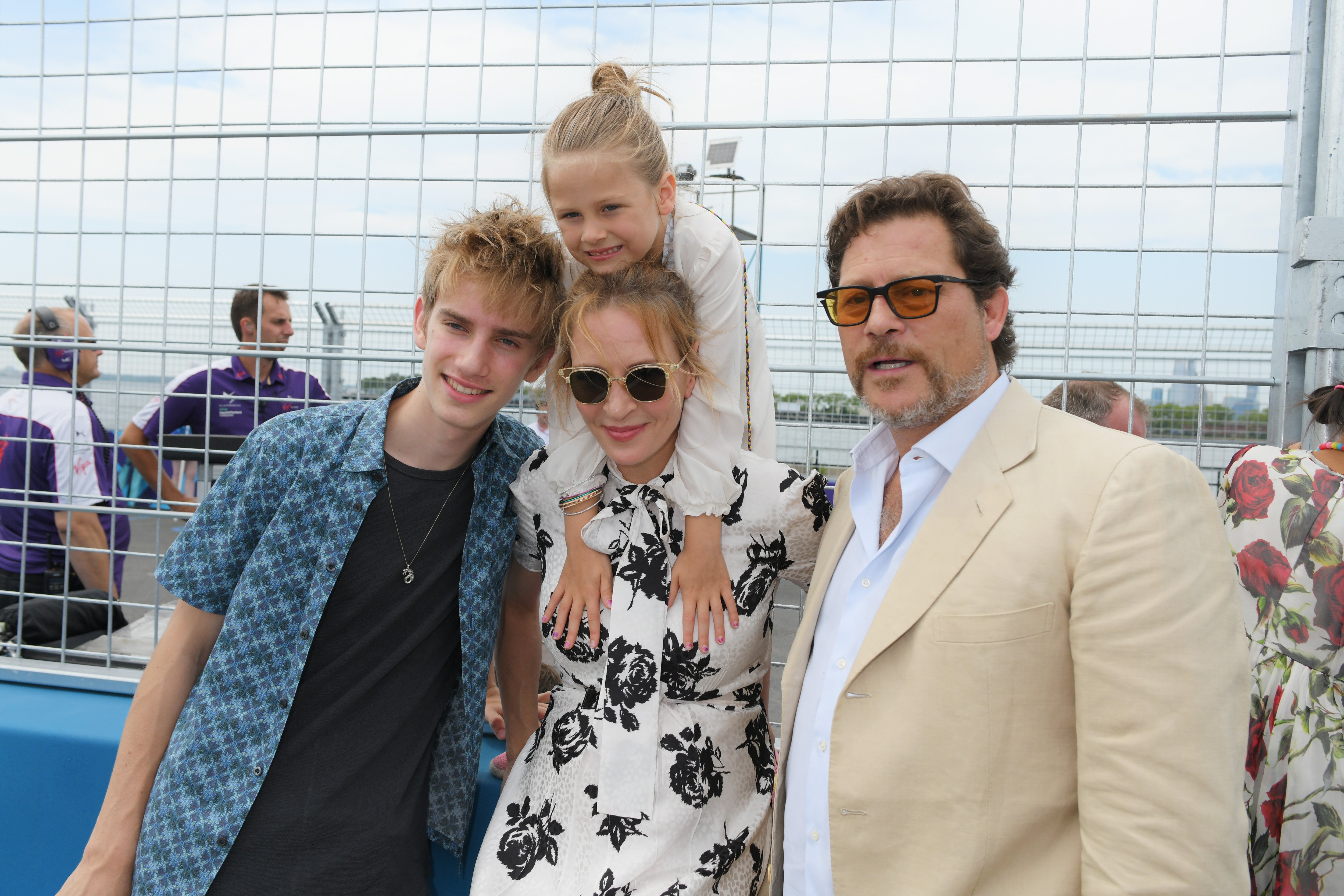  Levon Thurman-Hawke, Uma Thurman, Luna Thurman-Busson and Arpad Busson in New York City at the Formula E 2018 Qatar Airways New York City E-Prix on July 15, 2018. | Photo: Getty Images