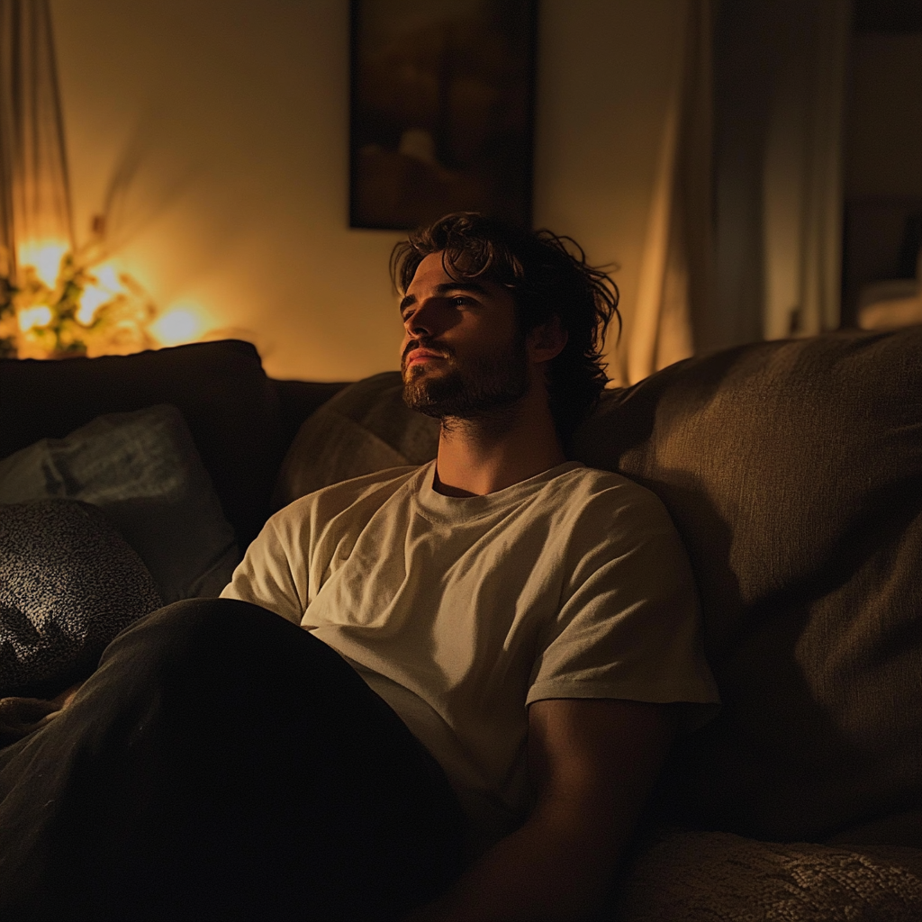 A man sitting on a couch | Source: Midjourney