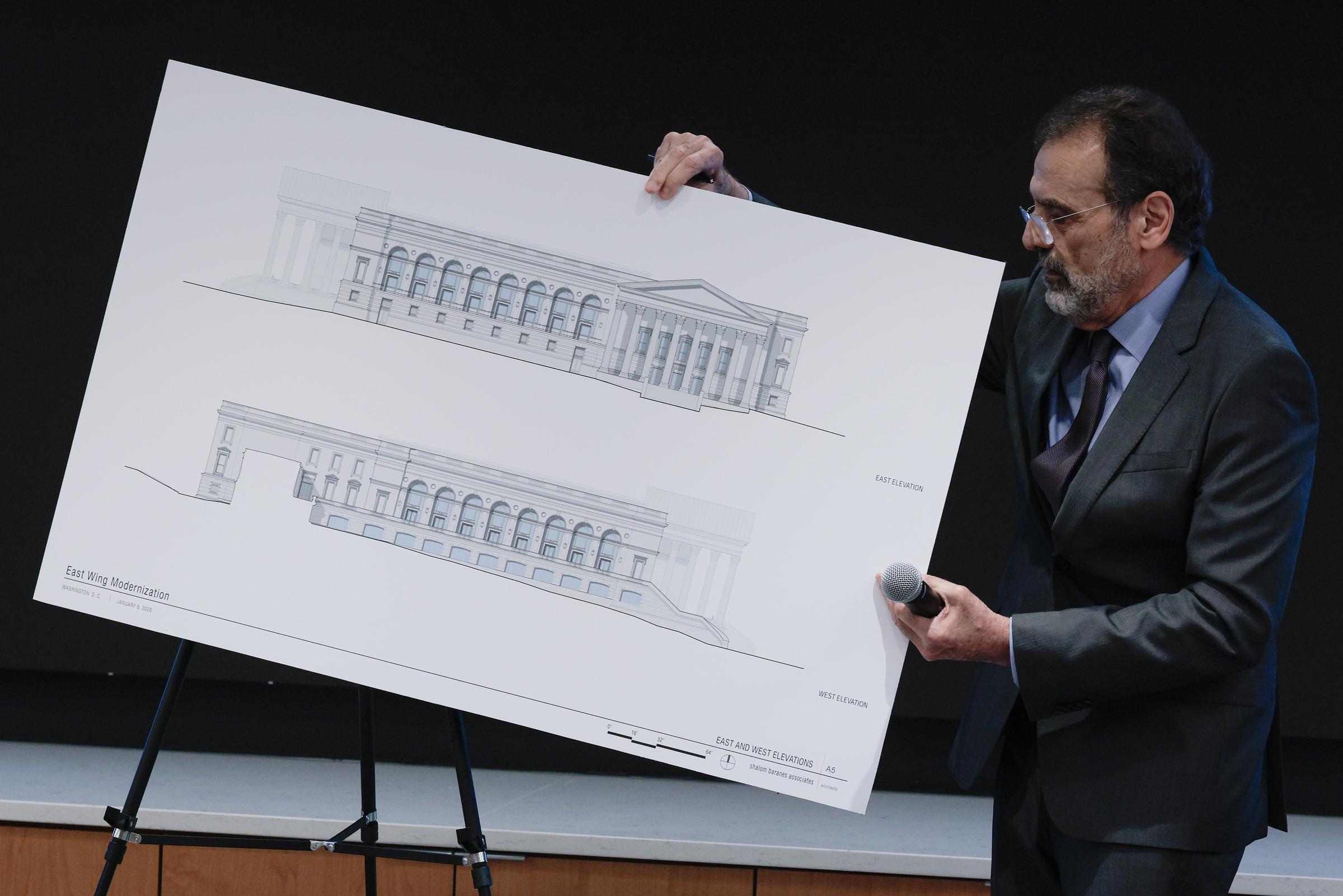 Architect Shalom Baranes shows elevation drawings for a new $400 million White House ballroom to members of the National Capital Planning Commission on January 8, 2026, in Washington, DC. | Source: Getty Images
