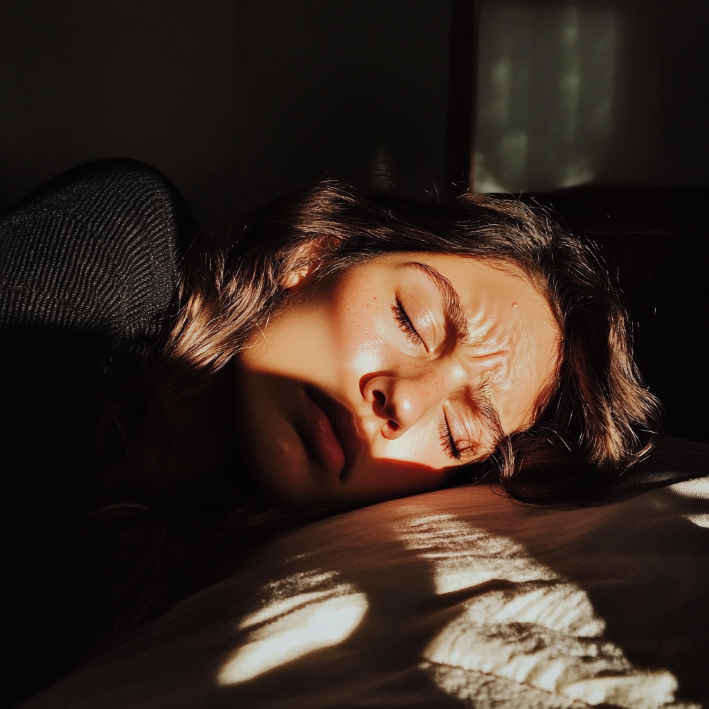 An upset woman laying on her bed | Source: Midjourney