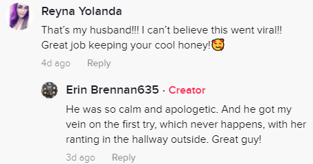 Reyna Yolanda, the employee's wife's comment being replied to by Erin Brennan | Photo: Tiktok.com/@hopey.pie