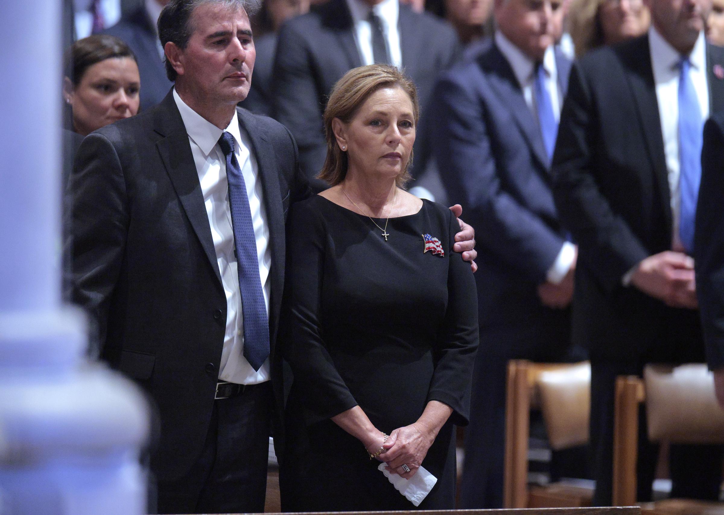 The service shifted its focus from Lindsey Graham's political achievements and friends to his family. In this photo, Darline Graham Nordone and her husband Larry Nordone attended the funeral service at the Washington National Cathedral on July 28, 2026, in Washington, D.C. | Source: Getty Images