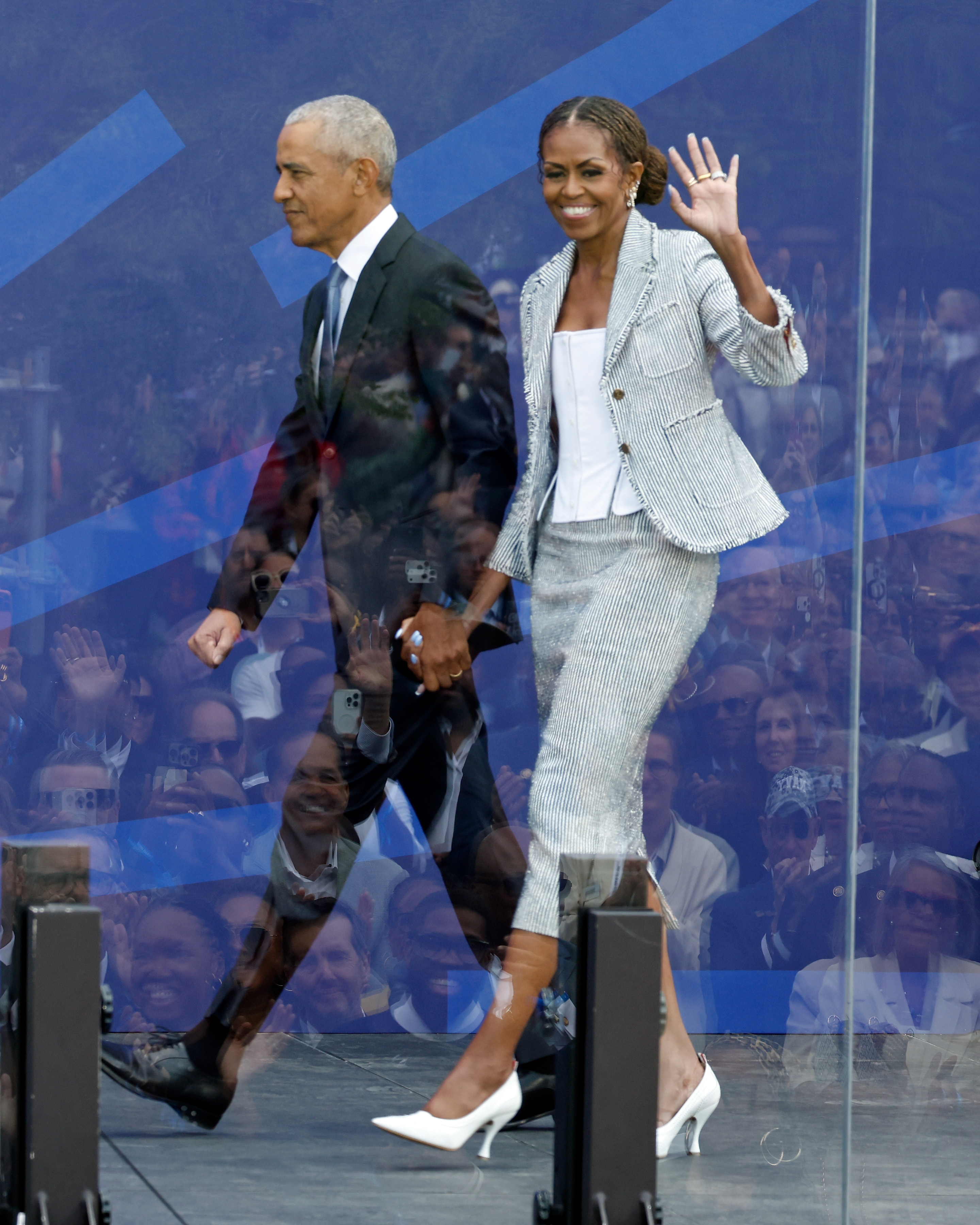 Netizens shared reactions online regarding the former first lady's ensemble. In this photo, Barack and Michelle Obama are seen arriving at the dedication ceremony for the opening of the Barack Obama Presidential Center at John Lewis Plaza on June 18, 2026, in Chicago, Illinois. | Source: Getty Images