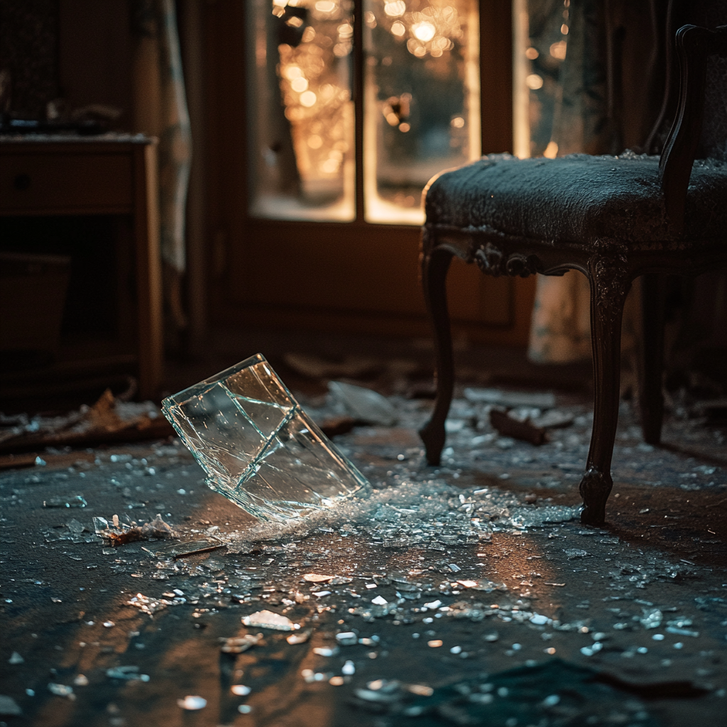 A broken window with shards of glass scattered on the floor | Source: Midjourney