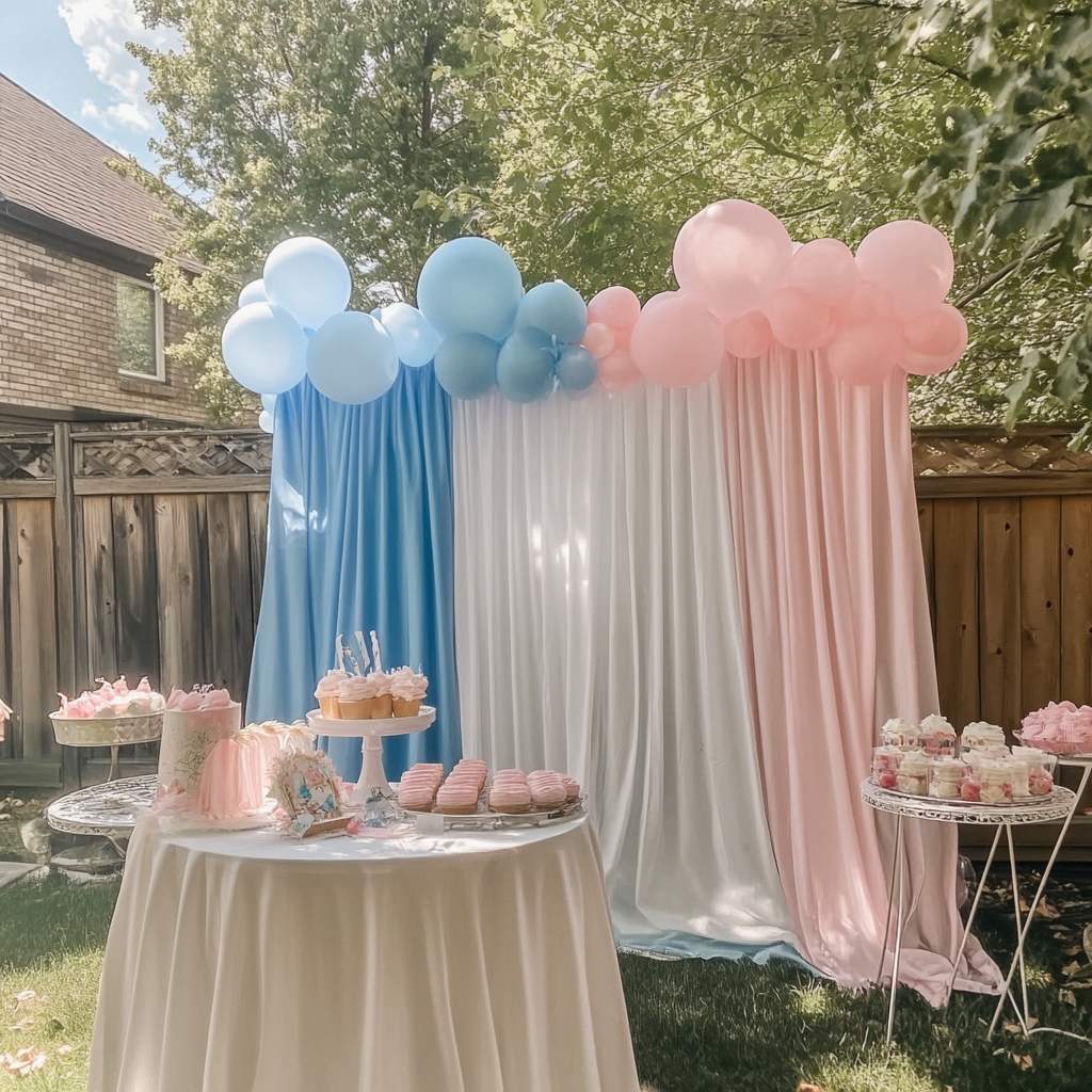 An outdoor set up for a gender reveal party | Source: Midjourney