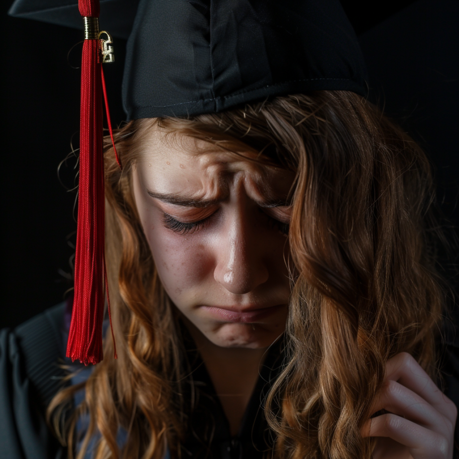 A young woman in a graduation gown and cap crying | Source: Midjourney