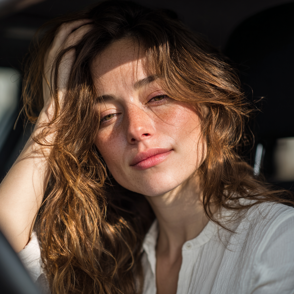 An emotional woman sitting in a car | Source: Midjourney