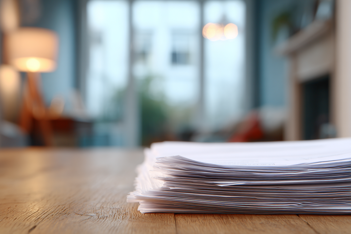 A stack of paperwork on a table | Source: Midjourney