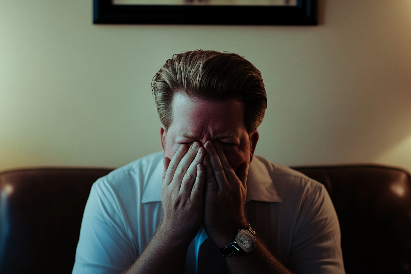 A man sitting on the couch covering his face with his hands | Source: Midjourney