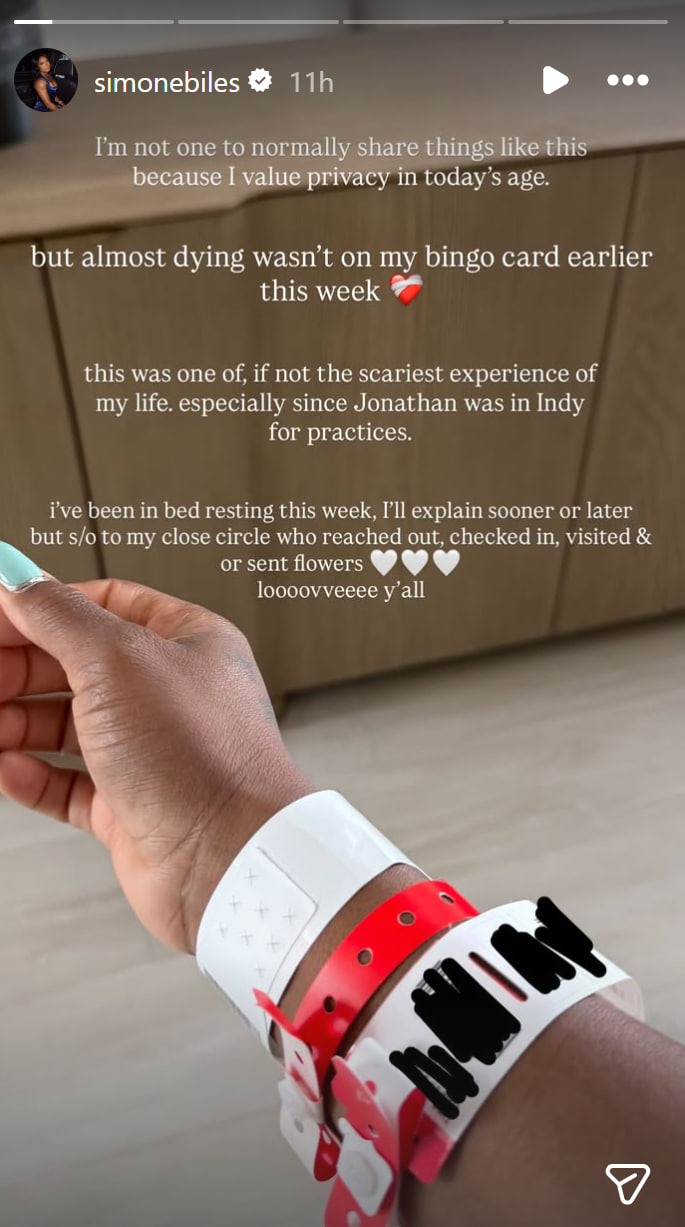 After posting flowers and recovery updates, Simone Biles disclosed a startling detail about the medical ordeal she says became one of the scariest experiences of her life. | Source: Instagram/simonebiles