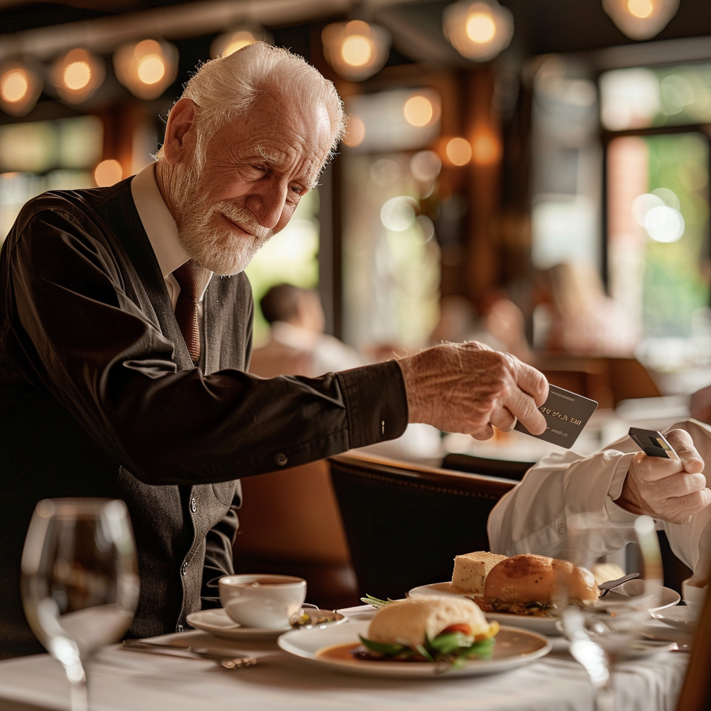 Elderly man handing his card to waiter | Source: Midjourney