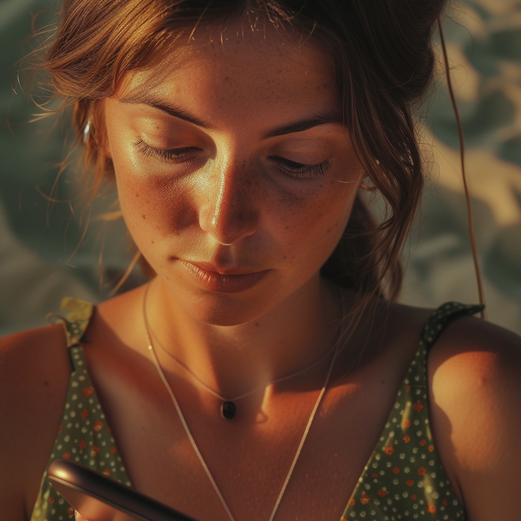 A woman snooping through a phone | Source: Midjourney