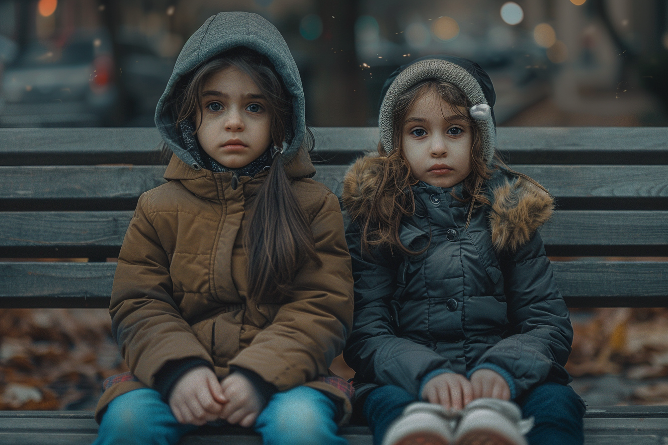 Two girls sitting on a park bench | Source: Midjourney