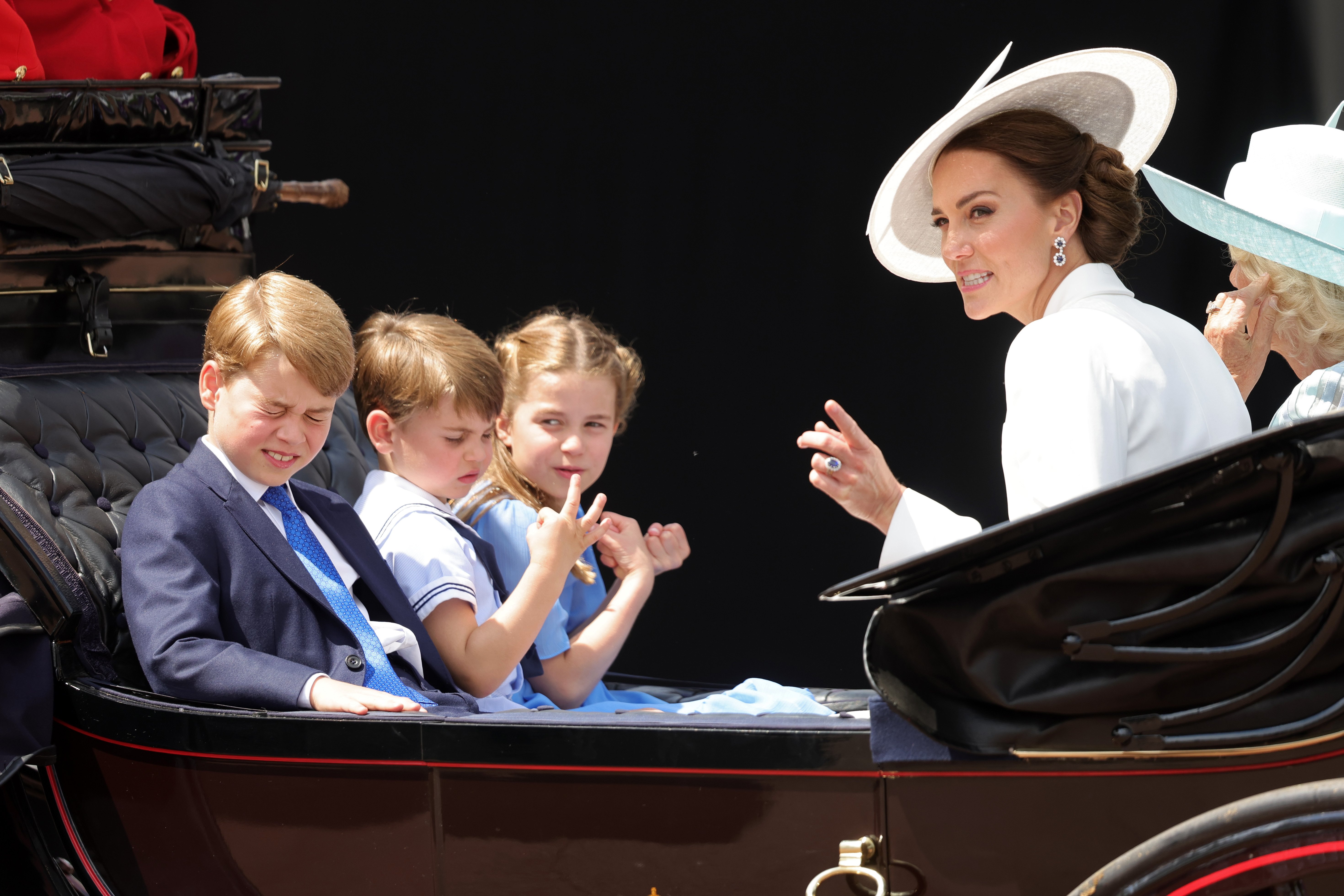 Catherine, Princess of Wales, Prince George, Prince Louis, and Princess Charlotte ride in a carriage during the Trooping the Colour parade on June 02, 2022, in London, England | Source: Getty Images