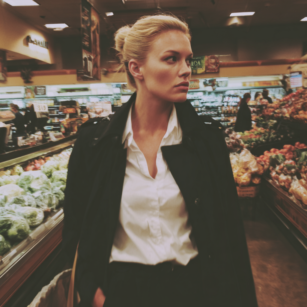 An annoyed woman standing in a grocery store | Source: Midjourney