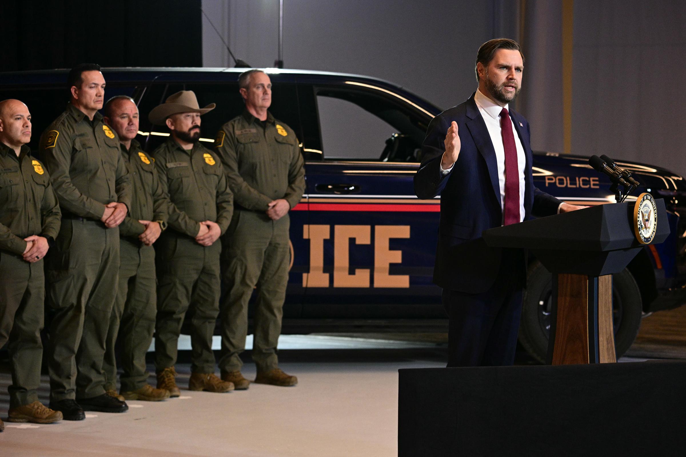 Vice President JD Vance gives remarks while standing in front of ICE agents at Royalston Square on January 22, 2026 | Source: Getty Images