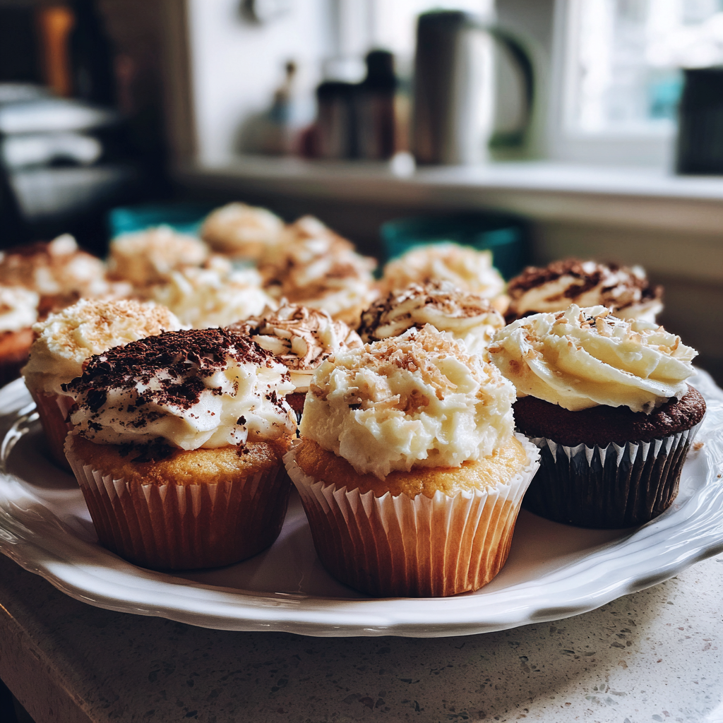 A plate of cupcakes on a counter | Source: Midjourney